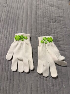 Kids White Gloves with Green Flower Accents